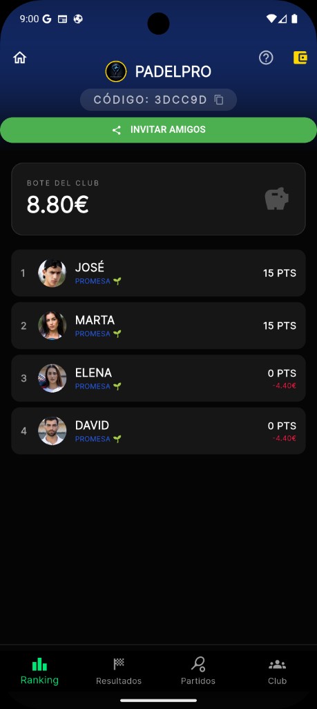 Vista de la app PadelPay